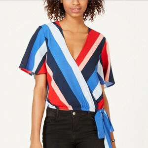 Polly & Esther New Juniors M Striped Surplice Neckline Top